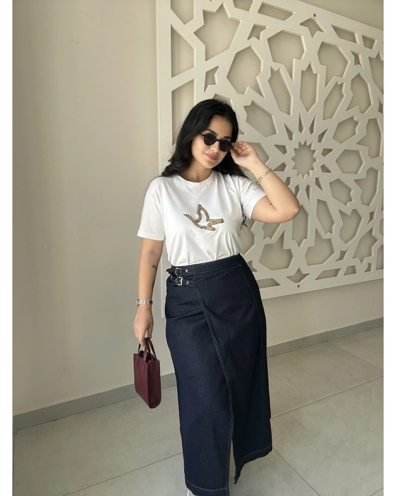 Kemerli Denim Uzun Etek
