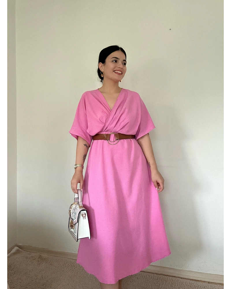 Kemerli Pembe Elbise