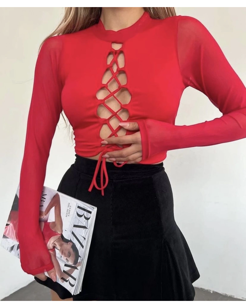 Kırmızı İpli Tül Bluz