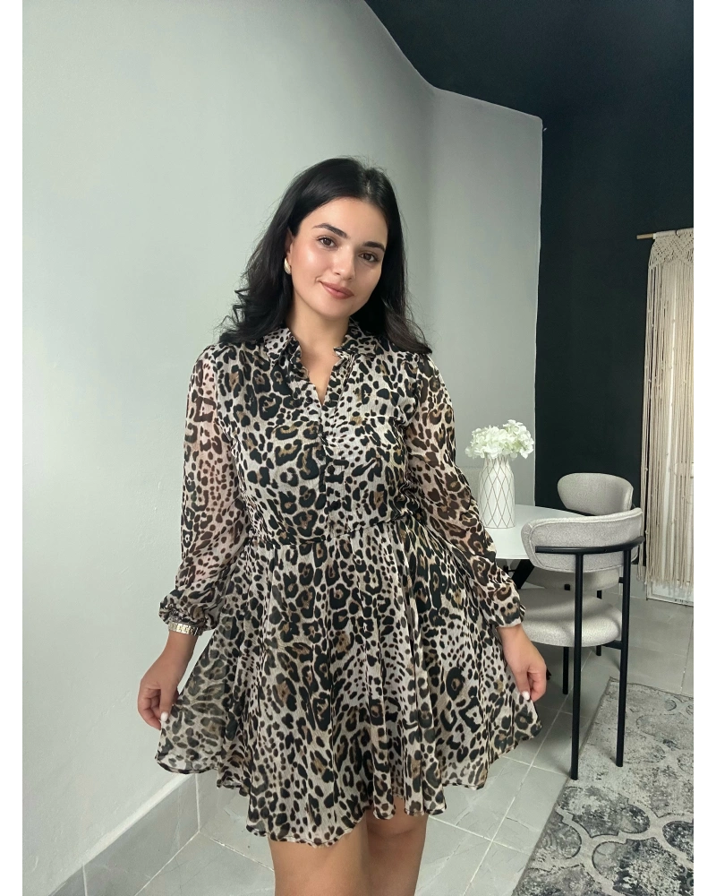 Leopar Desenli Tül Elbise