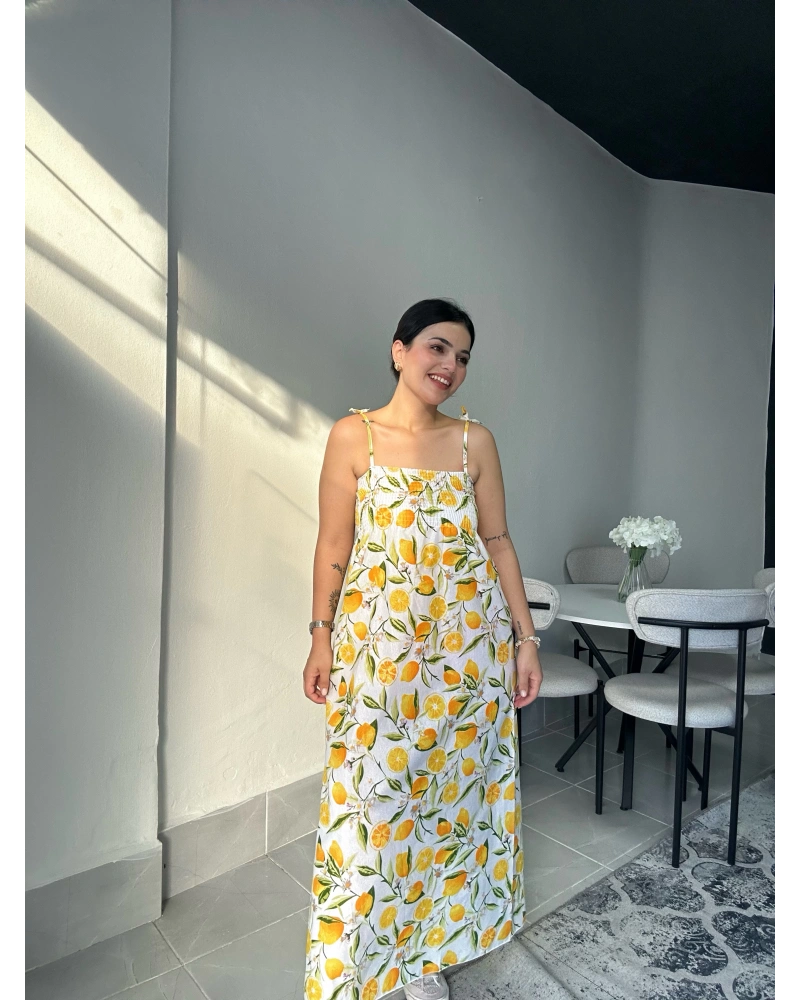 Limon Desenli Askılı Uzun Elbise