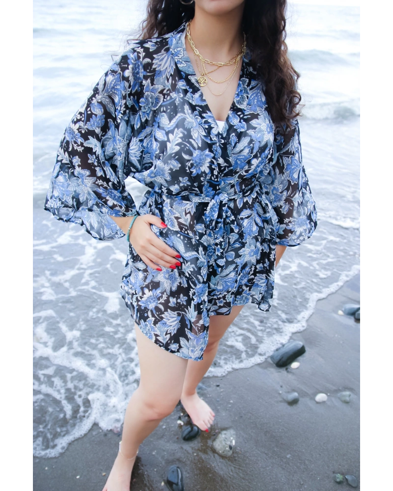 Mavi Çiçek Desenli Pareo