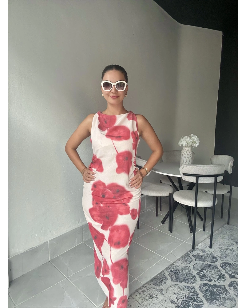 Omuz Düğümlü Desenli Keten Elbise