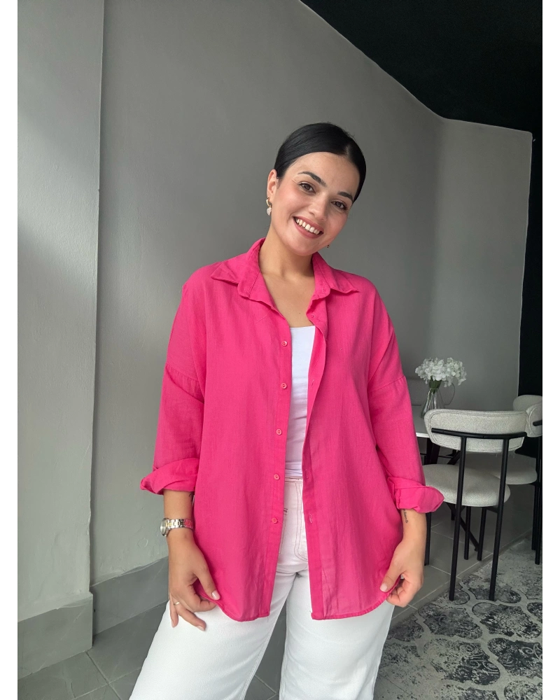 Pembe Oversize Keten Gömlek