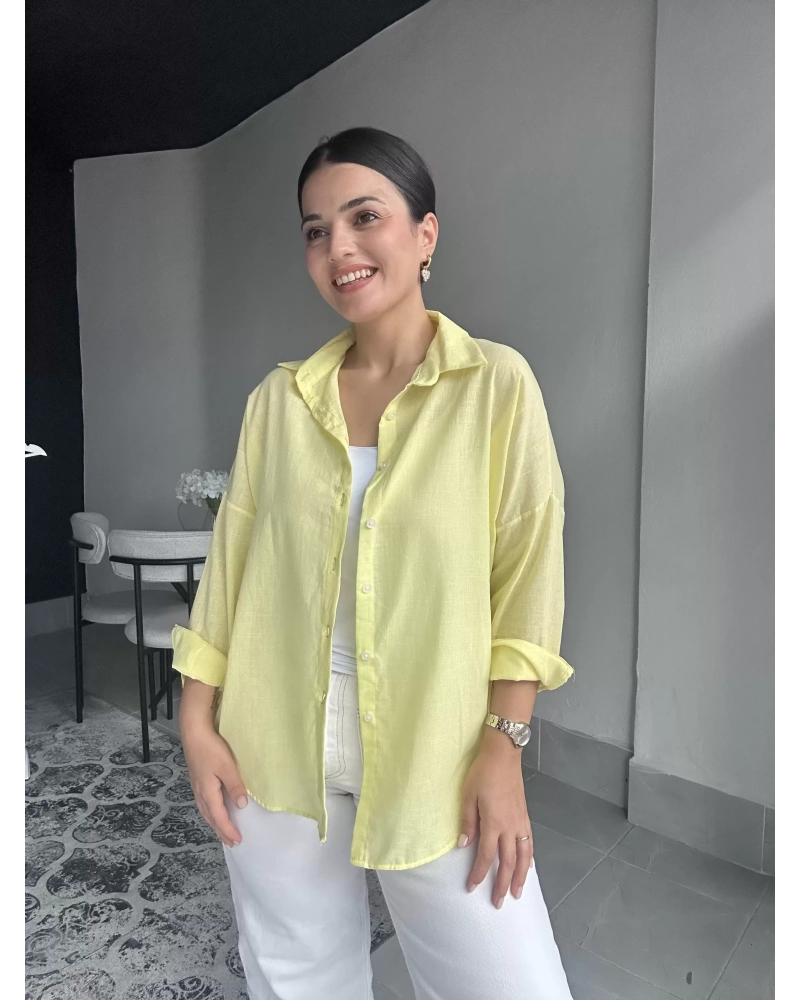 Sarı Oversize Keten Gömlek