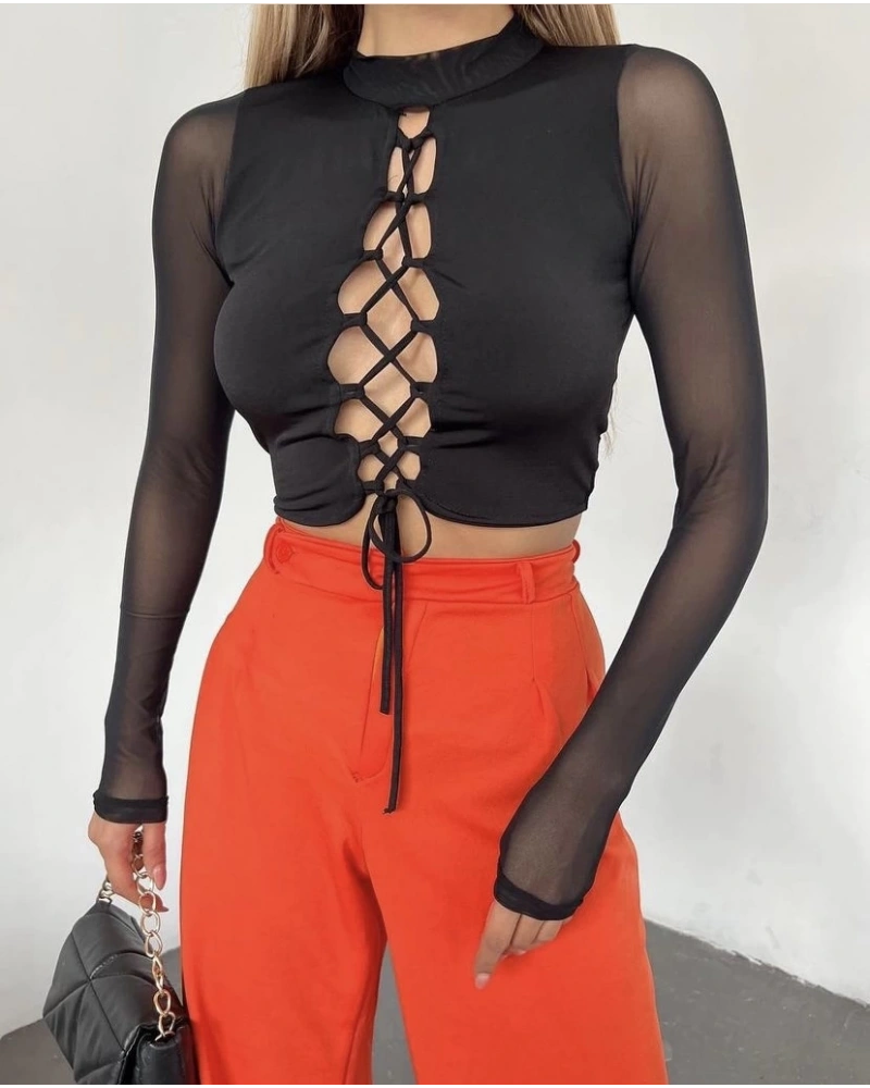 Siyah İpli Tül Bluz