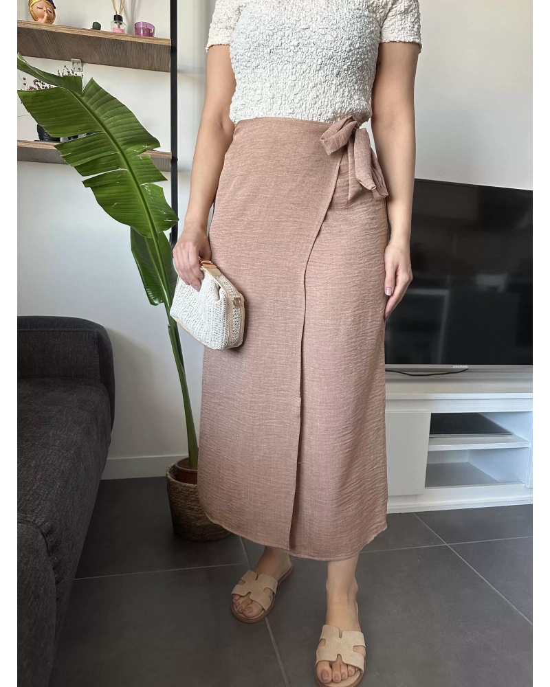 Yandan Bağlamalı Kahverengi Keten Etek