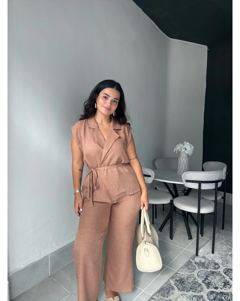 Yandan Bağlamalı Kahverengi Keten İkili Takım