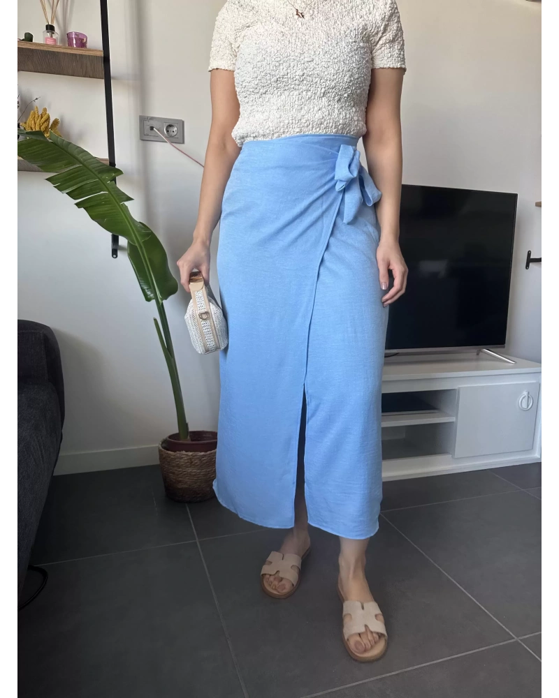 Yandan Bağlamalı Mavi Keten Etek