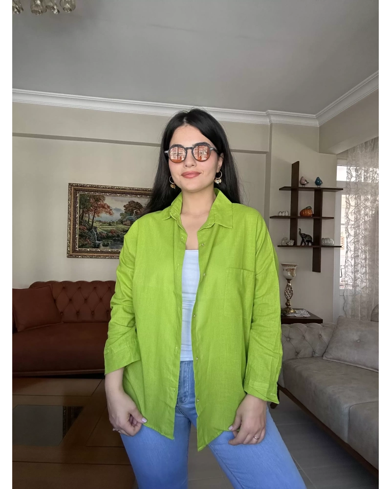 Yeşil Oversize Keten Gömlek