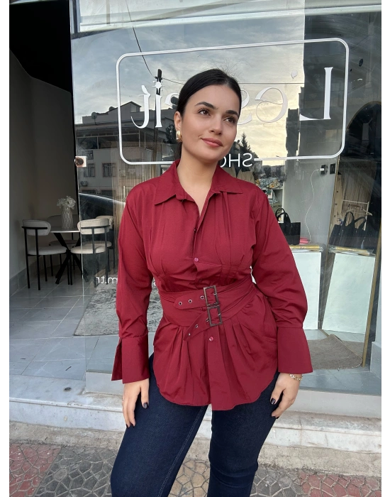 Kemer Detaylı Bordo Gömlek