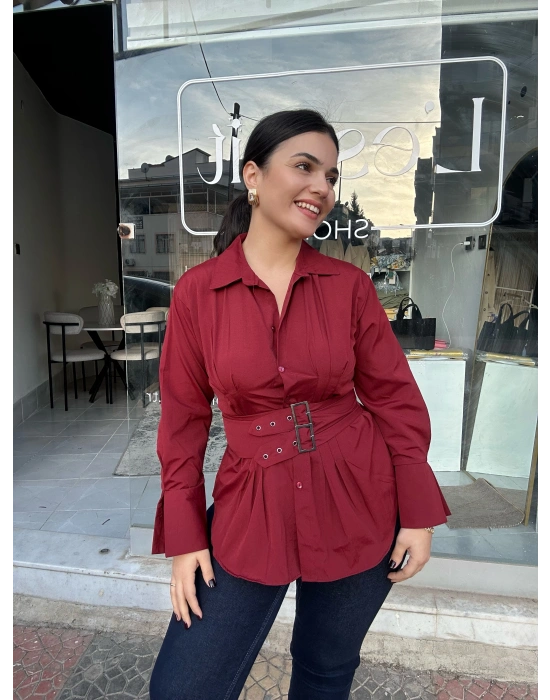 Kemer Detaylı Bordo Gömlek