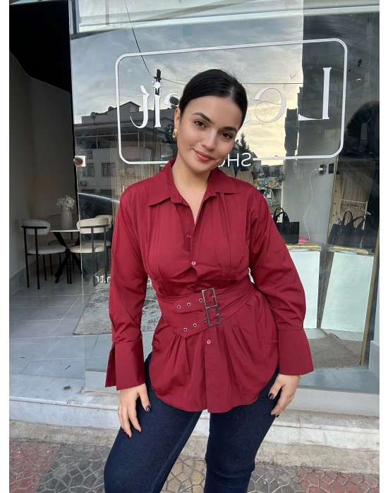 Kemer Detaylı Bordo Gömlek