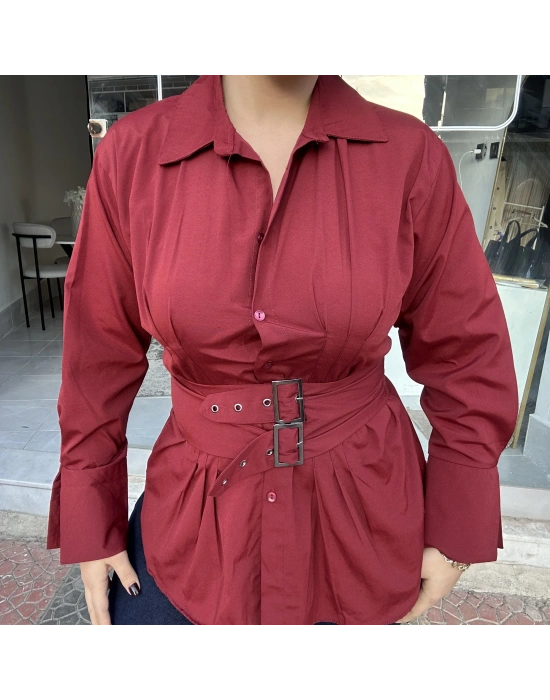 Kemer Detaylı Bordo Gömlek
