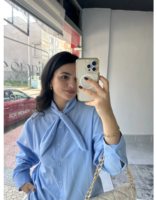 Fular Yaka Poplin Gömlek