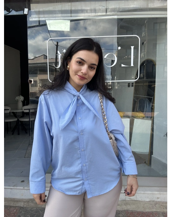 Fular Yaka Poplin Gömlek