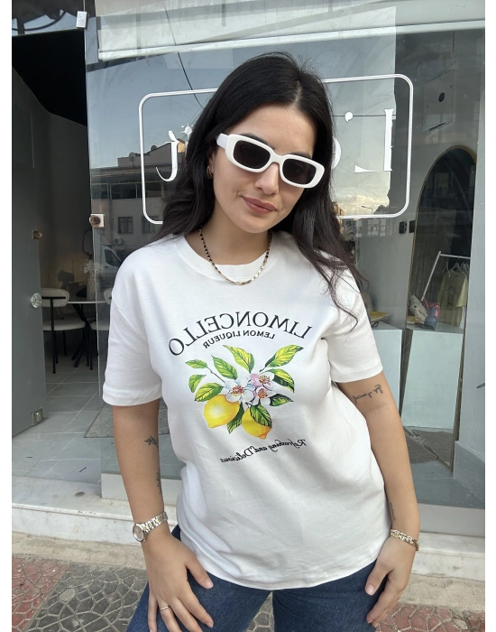 Limon Desenli Beyaz Tişört