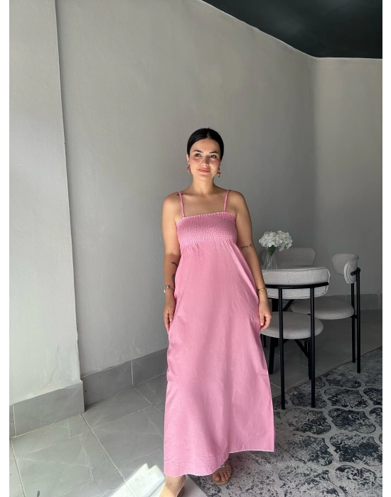 Askılı Pembe Uzun Elbise