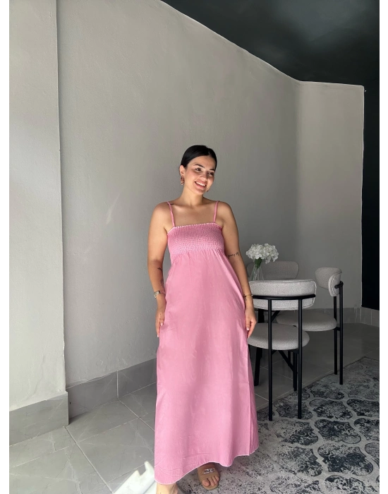 Askılı Pembe Uzun Elbise