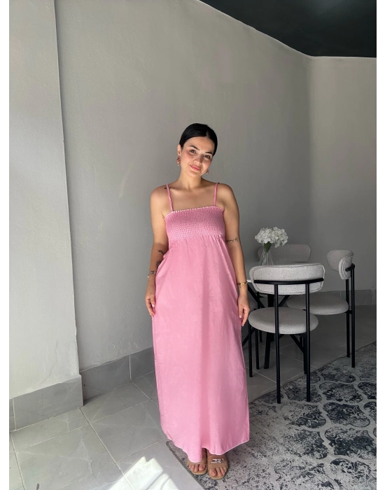 Askılı Pembe Uzun Elbise