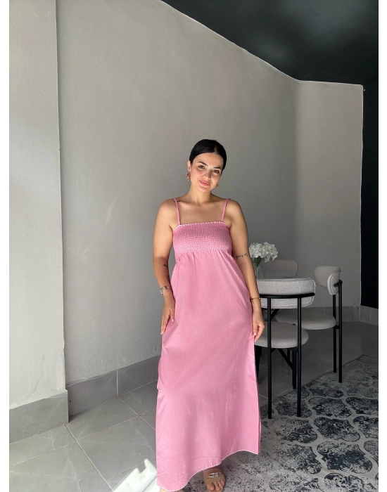 Askılı Pembe Uzun Elbise