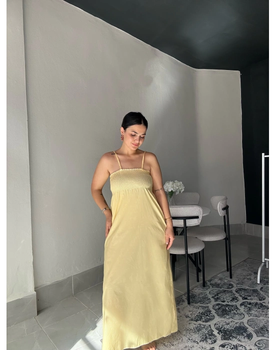 Askılı Sarı Uzun Elbise