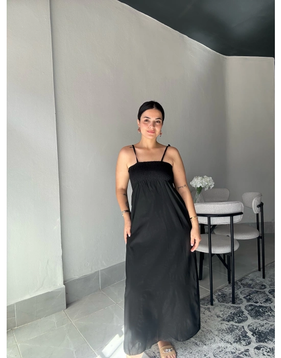 Askılı Siyah Uzun Elbise