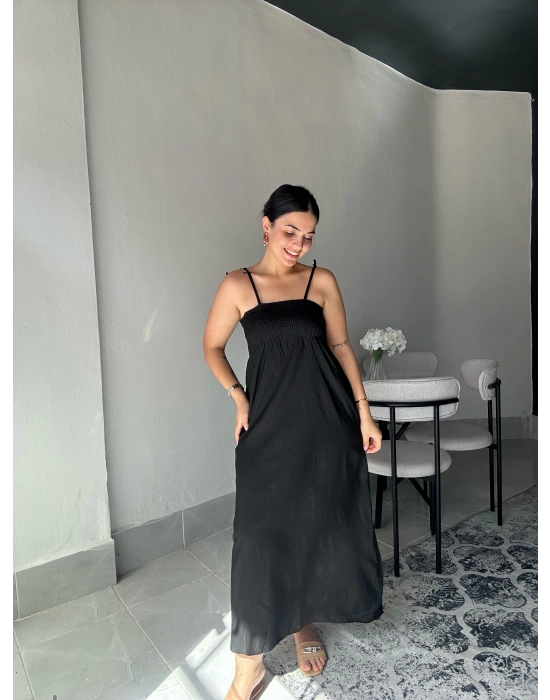 Askılı Siyah Uzun Elbise