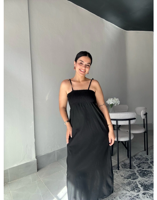 Askılı Siyah Uzun Elbise