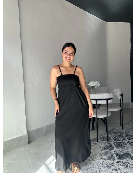 Askılı Siyah Uzun Elbise