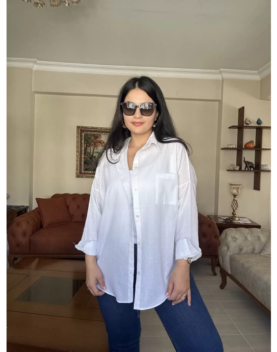 Beyaz Oversize Keten Gömlek