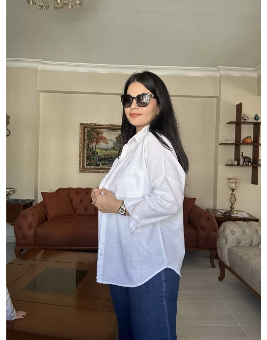 Beyaz Oversize Keten Gömlek