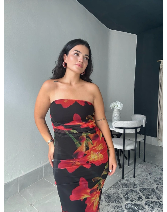 Çiçek Desenli Straplez Elbise