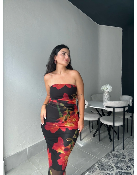 Çiçek Desenli Straplez Elbise