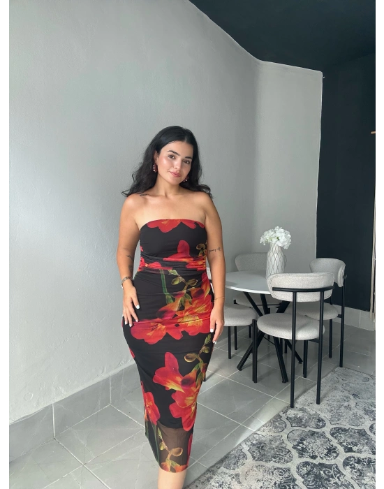 Çiçek Desenli Straplez Elbise