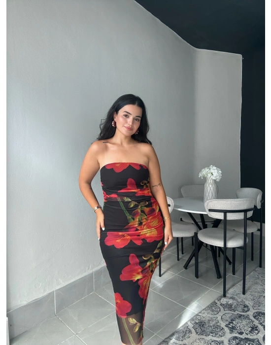 Çiçek Desenli Straplez Elbise