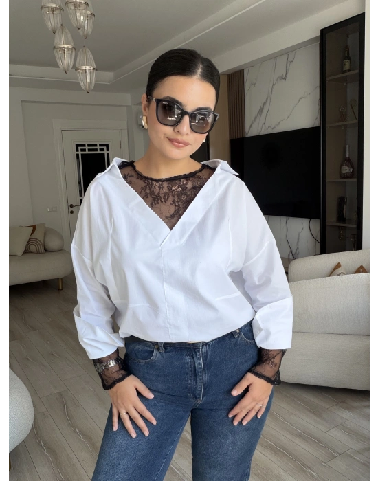 Dantel Detaylı Poplin Gömlek
