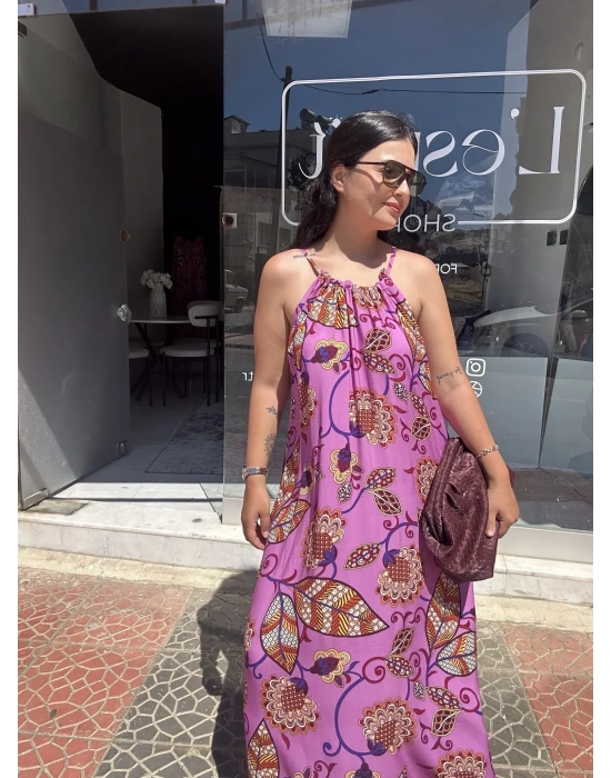 Desenli Uzun Pembe Elbise