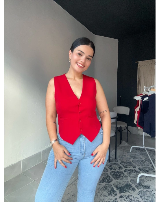 Düğmeli Kırmızı Yelek