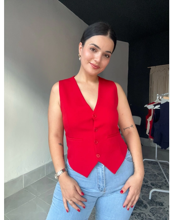 Düğmeli Kırmızı Yelek