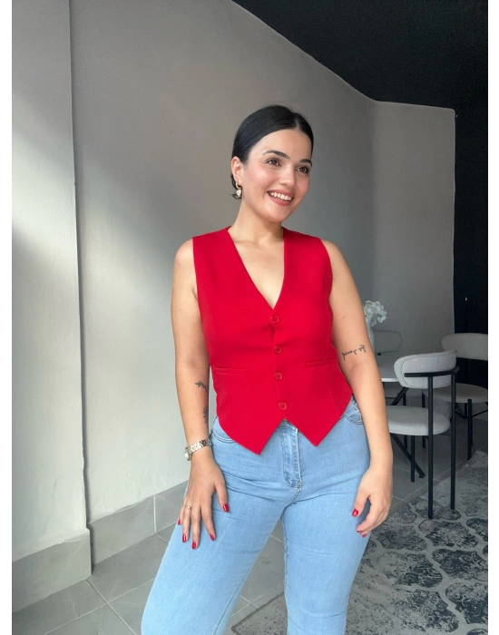 Düğmeli Kırmızı Yelek