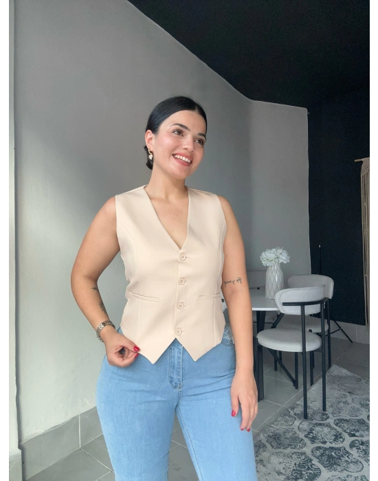 Düğmeli Krem Yelek