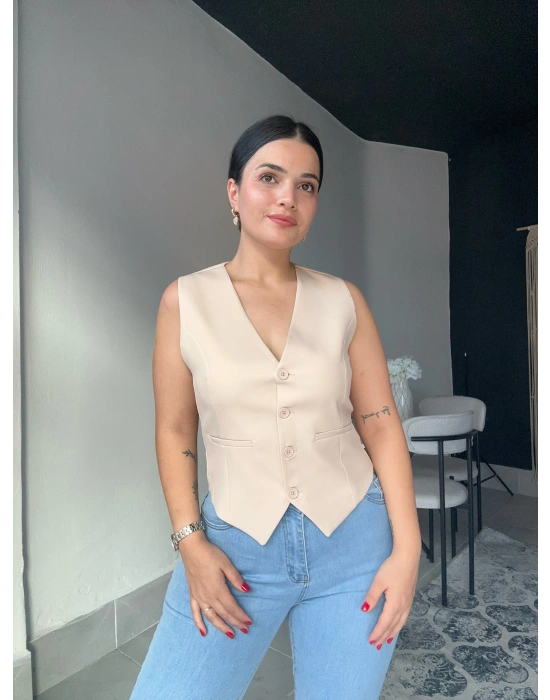 Düğmeli Krem Yelek