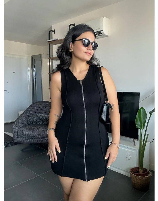 Fermuarlı Siyah Mini Elbise