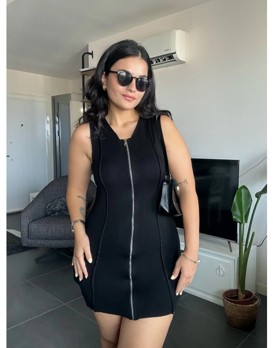 Fermuarlı Siyah Mini Elbise