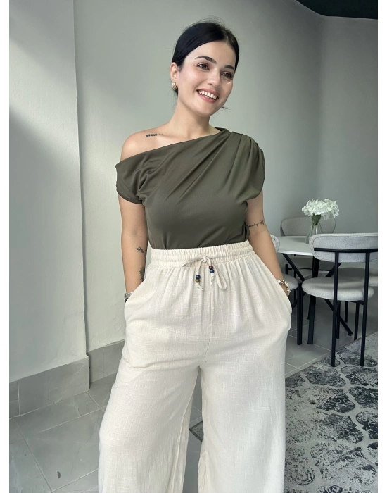 Ham Keten Krem Pantolon