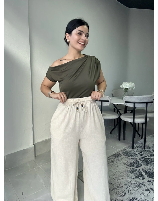 Ham Keten Krem Pantolon