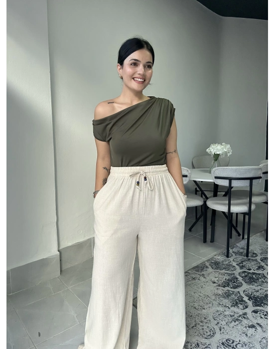 Ham Keten Krem Pantolon