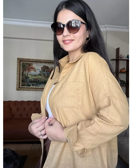 Hardal Oversize Keten Gömlek