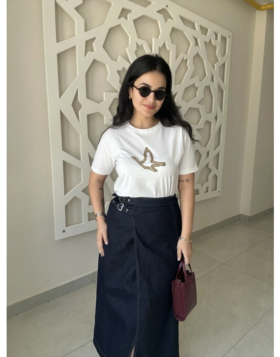 Kemerli Denim Uzun Etek